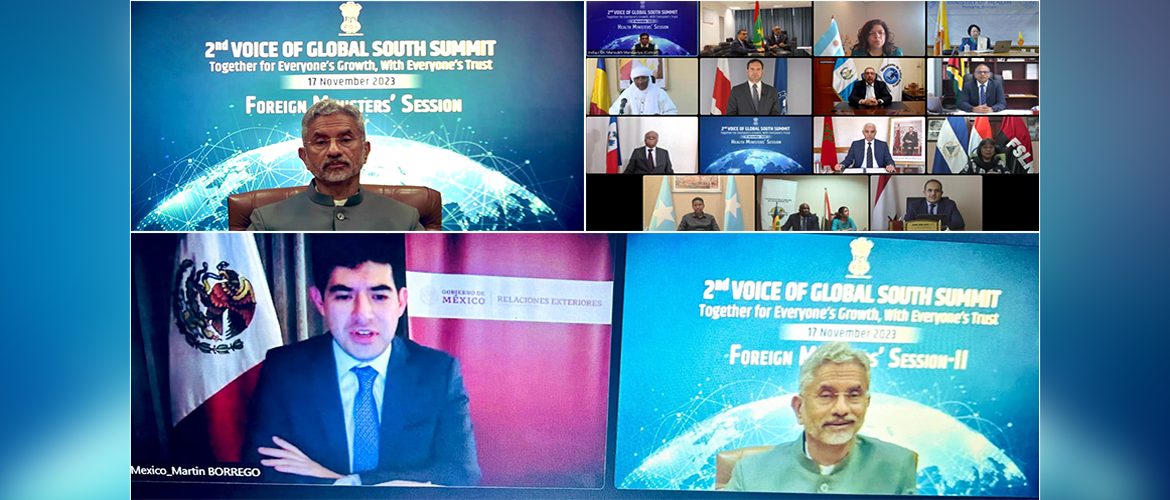  <div style="color: #fff; font-weight: 600; font-size: 1.5em;">
<p style="font-size: 13.8px;">2nd Voice of Global South Summit

Foreign Ministers’ session led by Hon’ble EAM Dr. S. Jaishankar concluded successfully.

Hon’ble FM of Mexico H.E. Ms. Alicia Barcena represented by Vice Minister H.E. Mr. Martin Borrego laid out Mexico’s vision & priorities for the Global South. 





<br /><span style="text-align: center;">17.11.2023</span></p>
</div>
