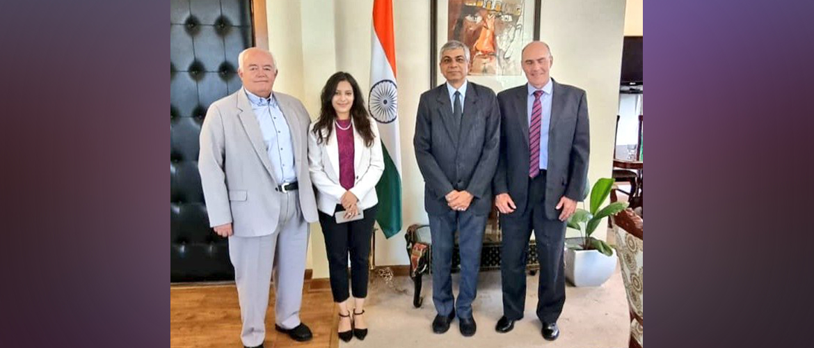  <div style="fcolor: #fff; font-weight: 600; font-size: 1.5em;">
<p style="font-size: 13.8px;">Ambassador Pankaj Sharma & Second Secretary Vallari Gaikwad met with FEMATUR's (Mexican Federation of Tourist Associations) Vice President of International Affairs, Mr.Juan Carlos Arnau & with Mr.Guillermo Antonio Arnal. Discussed enhancing cooperation in tourism & related sector between India & Mexico.


<br /><span style="text-align: center;">26 August 2022</span></p>
</div>