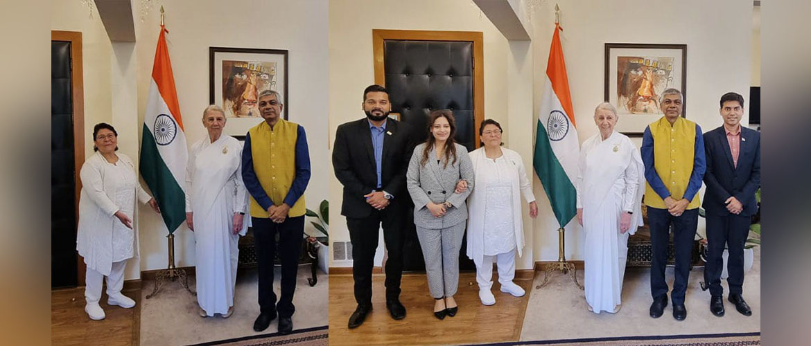  <div style="fcolor: #fff; font-weight: 600; font-size: 1.5em;">
<p style="font-size: 13.8px;">Amb. Pankaj Sharma and embassy officials met with Sister Dorothy Seinfeld, Director of Programs at Brahma Kumaris.  
 <br />
  
Her work in service of humanity and as a spiritual guide is truly inspiring and much needed to promote peace and harmony in today’s society.
 
 <br /><span style="text-align: center;">28 July 2023</span></p>
</div>