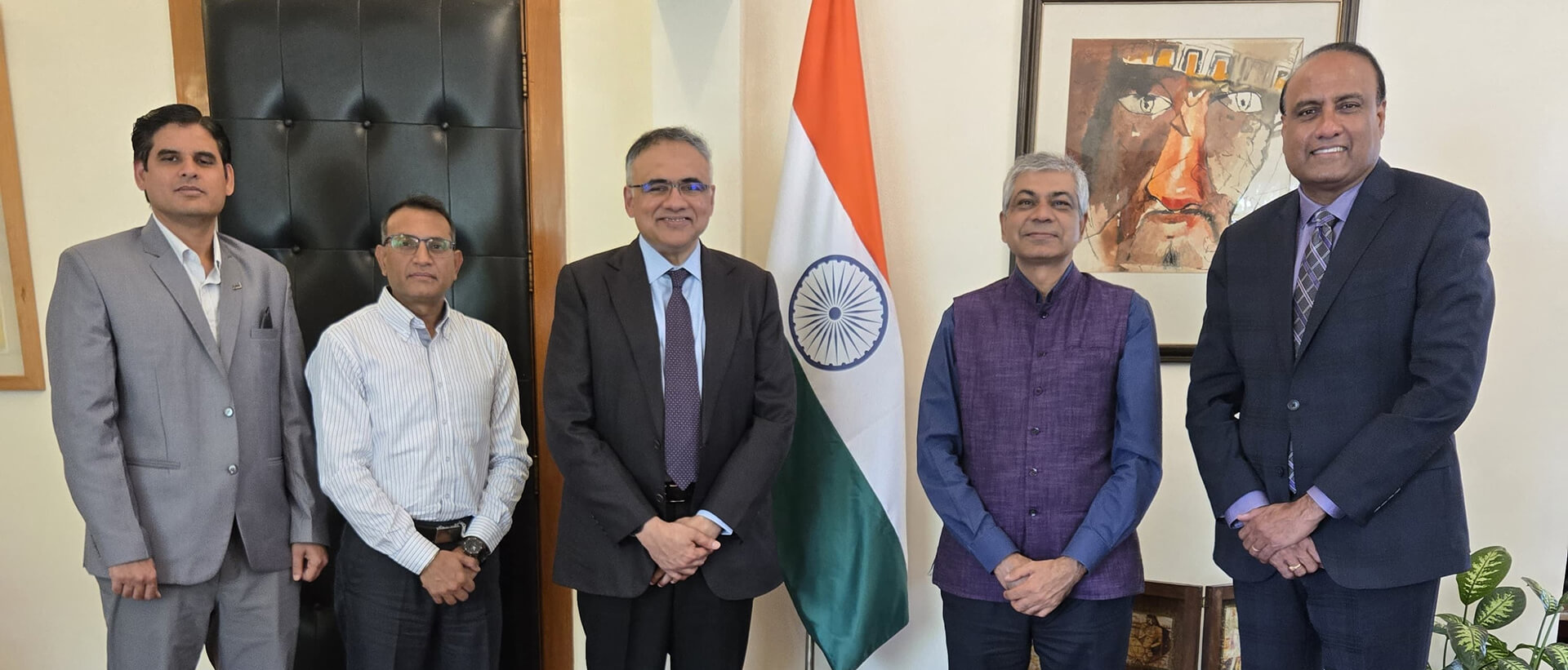  <div style="color: #fff; font-weight: 600; font-size: 1.5em;"> <p style="font-size: 13.8px;">Ambassador Dr. Pankaj Sharma met Mr. Narayan Sethuramon, MD, Sanmar Engineering Technologies Ltd., accompanied by Mr. Mani Iyer, CEO, Matrix Metals LLC, and Mr. Mahendar Singh, VP–Finance & Commercial, Matrix Metals LLC, to discuss business expansion and the Sanmar Group’s growth in Mexico, strengthening India–Mexico economic ties.<br /> <span style="text-align: center;">09 April 2026</span></p> </div>