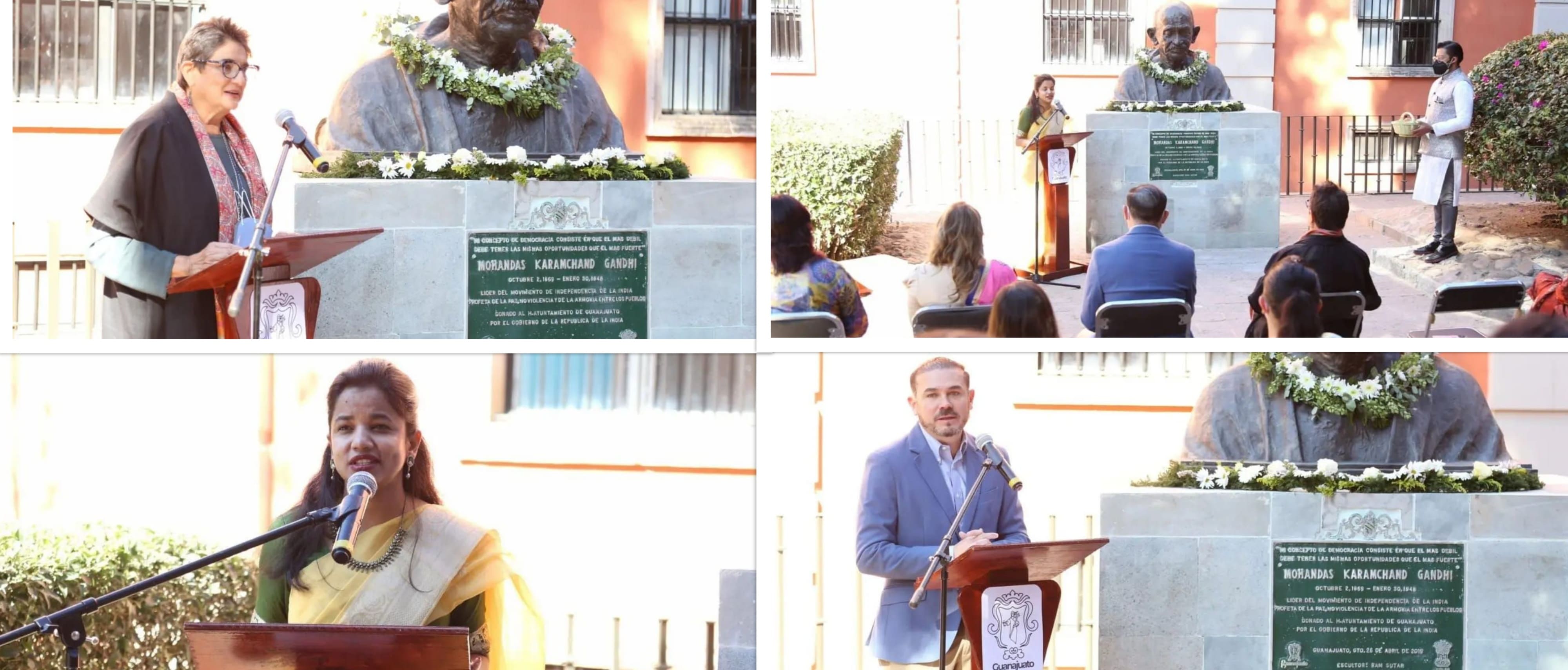  India in Guanajuato- Cd'A Ms.Juhi Rai and Mayor of Guanajuato Mr.Alejandro Navarro paid floral tributes to statue of Mahatma Gandhi in city of Guanajuato on occasion of Martyr's Day