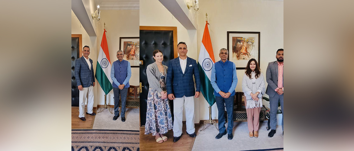  <div style="fcolor: #fff; font-weight: 600; font-size: 1.5em;">
<p style="font-size: 13.8px;">Amb. Pankaj Sharma and embbassy officials met Mr.Bhavook Tripathi, head of Brham group and a successful investor.  

There was a discussion about his ongoing ventures and future possibilities of expanding his business operations in Mexico with assistance of the Embassy.
 <br /><span style="text-align: center;">17 July 2023</span></p>
</div>