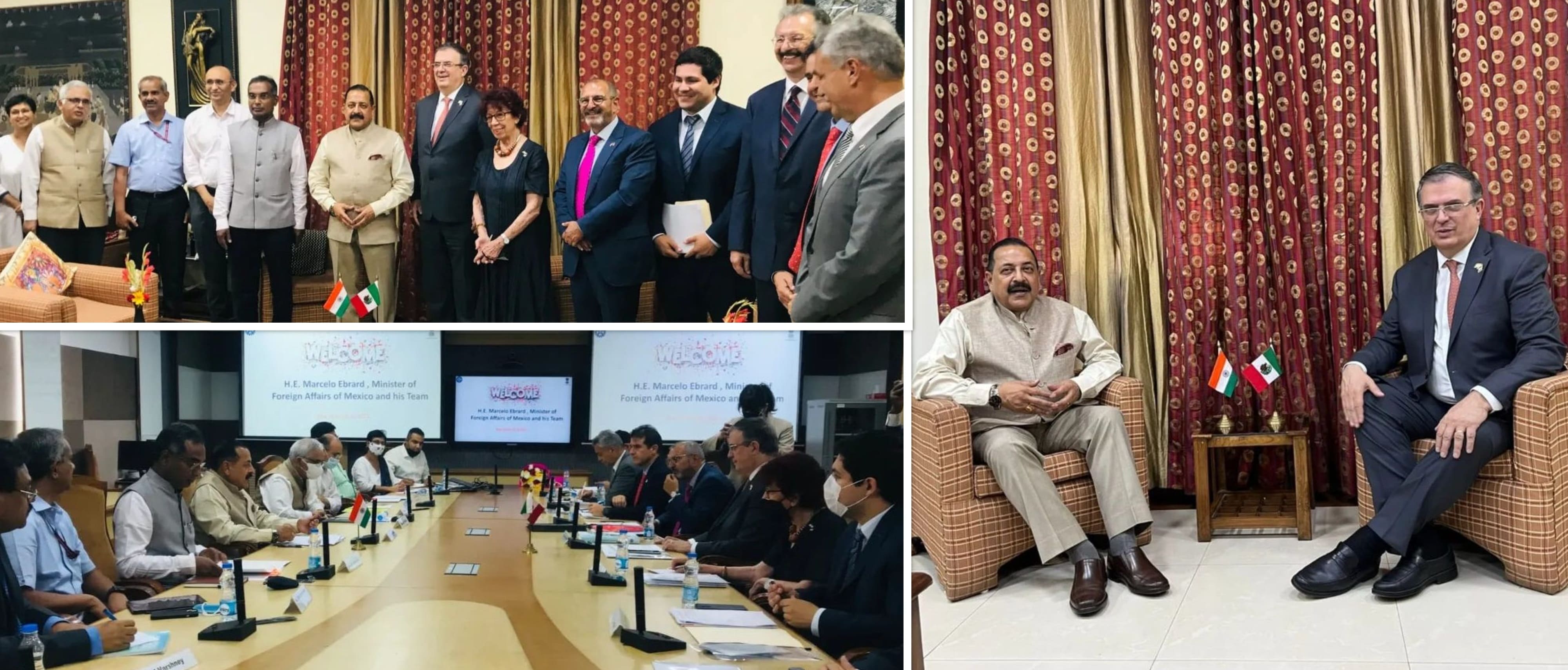  <div style="fcolor: #fff; font-weight: 600; font-size: 1.5em;">
<p style="font-size: 13.8px;">Foreign Minister of Mexico H.E. Mr.Marcelo Ebrard ,currently on India visit, called on Honorable Minister of State for Science & Technology Dr.Jitendra Singh along with a high level delegation.
They discussed about strengthening existing cooperation and ways of extending it to new areas like digital health,genomics & biotechnology, green revolution, Space etc. <br /><span style="text-align: center;">30 March 2022</span></p>
</div>