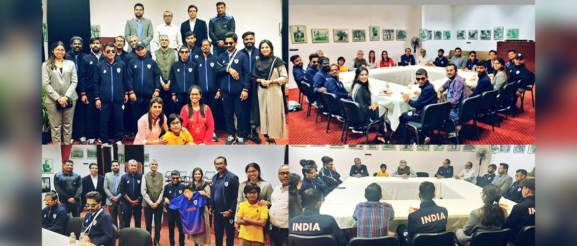  <div style="fcolor: #fff; font-weight: 600; font-size: 1.5em;">
<p style="font-size: 13.8px;"> It was a pleasure to host the Indian Blind Football Federation's team, supported by its Manager, Mr. MC Roy & Coach, Mr.Sunil Mathew, at the Embassy premises. 

We congratulate the players for their excellent performance! They make us proud, & we wish them continued success.


<br /><span style="text-align: center;">07 August 2022</span></p>
</div>
