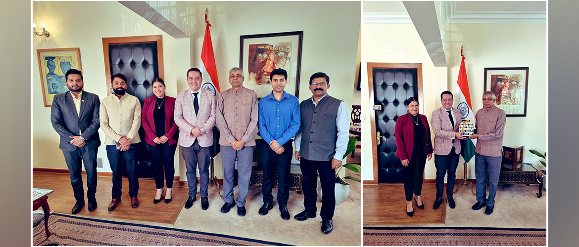  <div style="fcolor: #fff; font-weight: 600; font-size: 1.5em;">
<p style="font-size: 13.8px;">Amb. Pankaj Sharma met with Mr. Ricardo Martinez, Orchestra conductor & young peace ambassador, and Ms. Govinda Ramirez, representative of NIOS Mexico.

There was discussion on possible collaboration to promote Indian culture and art forms among people of Mexico through various initiatives.
<br /><span style="text-align: center;">06.4.2023</span></p>
</div>