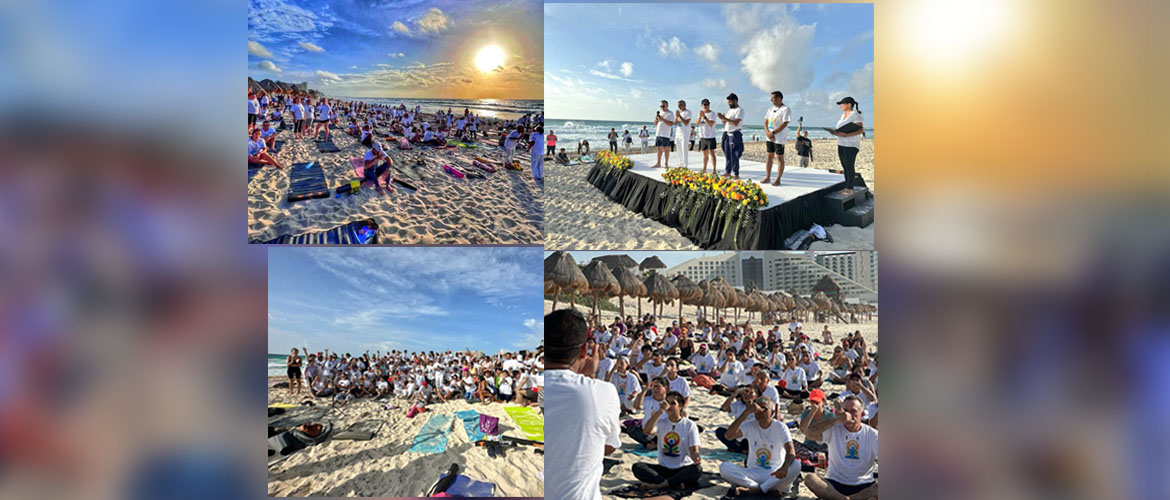  <div style="fcolor: #fff; font-weight: 600; font-size: 1.5em;">
<p style="font-size: 13.8px;">
Yoga by the beach! 

In the pursuit of good health & wellness,  Embassy of India, Mexico City & GTICC in Mexico organized 9th #InternationalDayofYoga at #PlayaDelfines in #Cancun. 
  
Hundreds of yoga aficionados joined our efforts in bringing peoples & nations together for harmony & peace.


<br /><span style="text-align: center;">24 June 2023</span></p>
</div>