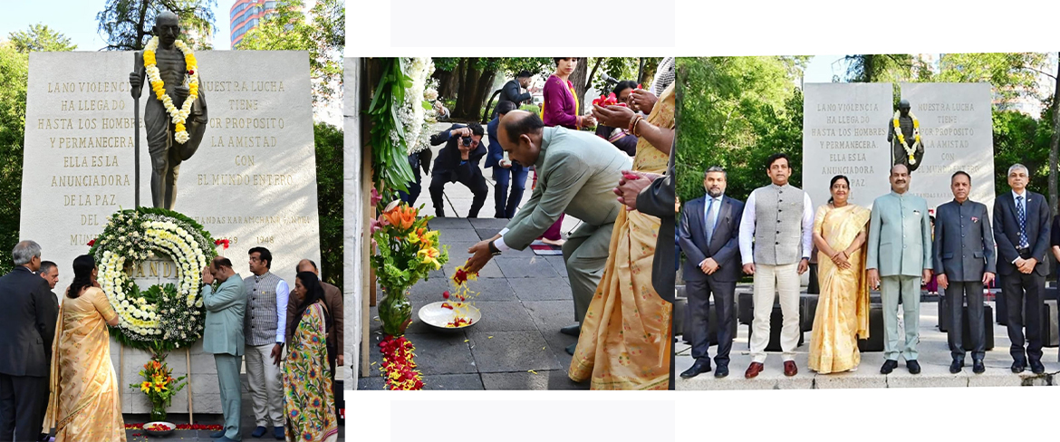  <div style="fcolor: #fff; font-weight: 600; font-size: 1.5em;">
<p style="font-size: 13.8px;">Hon'ble Speaker of Lok Sabha H.E. Shri. Om Birla  paid floral tributes at the Statue of Mahatma Gandhi at Chapultepec Park in Mexico City.<br/>

Mahatma Gandhi’s teachings across geographical borders & time continue to guide us in the 21st century towards a world built on the principles of equality,  justice, peace and harmony.


<br /><span style="text-align: center;">01 September 2022</span></p>
</div>