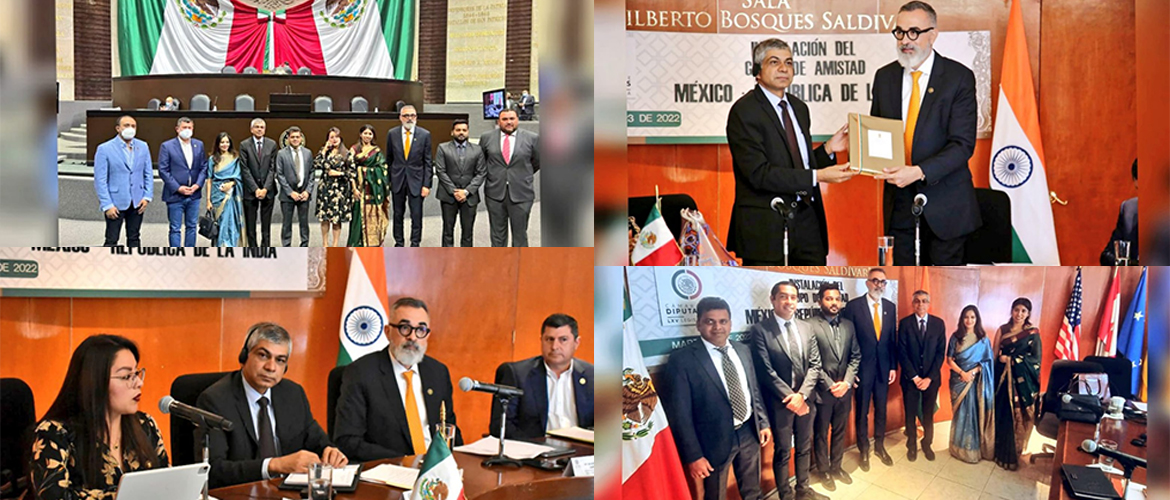  <div style="fcolor: #fff; font-weight: 600; font-size: 1.5em;">
<p style="font-size: 13.8px;">Ambassador Pankaj Sharma and Deputy H.E. Mr.Salvador Caro Cabrera inaugurated the India- Mexico Friendship group.<br><span style="text-align: center;"> 23 March 2022</span></p>

</div>