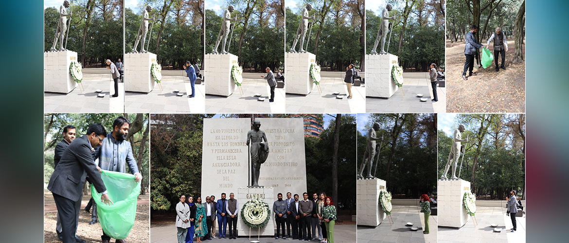  <div style="color: #fff; font-weight: 600; font-size: 1.5em;">
<p style="font-size: 13.8px;">
Embassy officials led by Ambassador Pankaj Sharma paid floral tributes at the Gandhi statue in Chapultepec Park,Mexico City to commemorate the death anniversary of Mahatma Gandhi.

A cleanliness drive was also conducted to spread importance of swachhata as emphasized by Mahatma Gandhi.

<br /><span style="text-align: center;">30.01.2024</span></p>
</div>