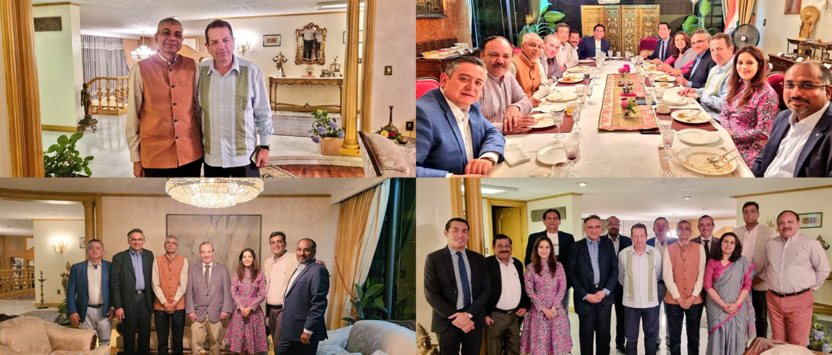  <div style="fcolor: #fff; font-weight: 600; font-size: 1.5em;">
<p style="font-size: 13.8px;">Amb. hosted a friendly dinner for Secretary of Economic Develop of #CDMX, H.E. Fadlala Akabani in the presence of Diego Foyo, from Govt. Of Querétaro, Sanmar's MD Mr.Sethuramon & UPL's Mr. Nainwal.
There was a discussion on mutual interest in diversifying trade & Govt. Of CDMX's vision of joining forces with Indian companies.
<br /><span style="text-align: center;">14 June 2023</span></p>
</div>