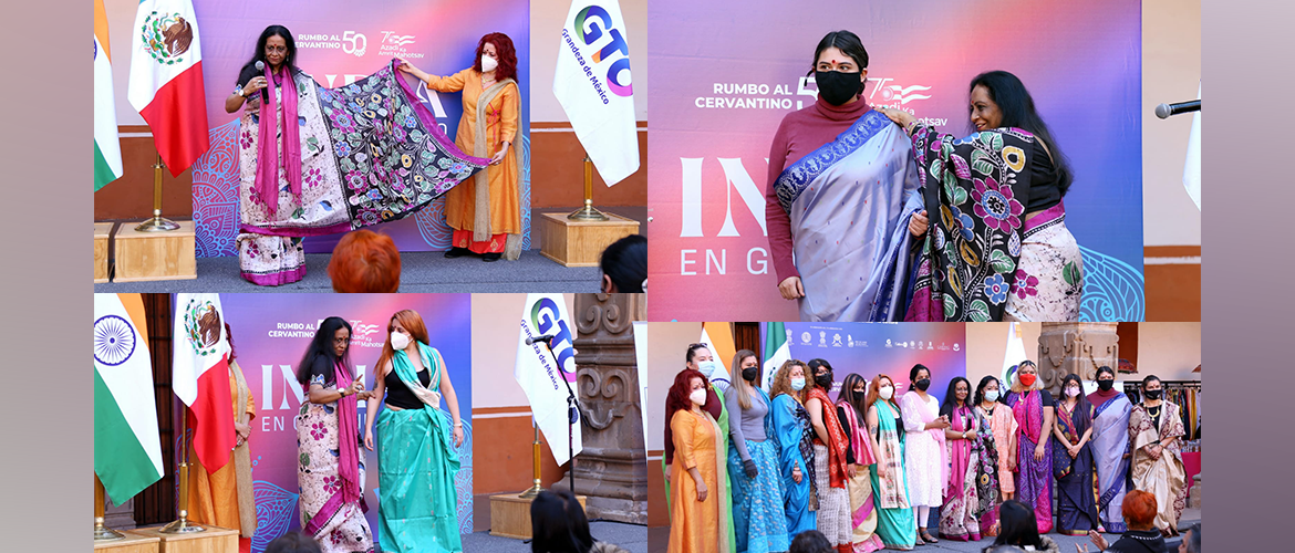  India in Guanajuato- Embassy of India along with ICCR in Mexico  organized a demonstration on use and characteristics of saree, the most distinctive garment in India. Cd'A Ms.Juhi Rai and Director GTICC Dr.Shrimati Das gave the demonstration.