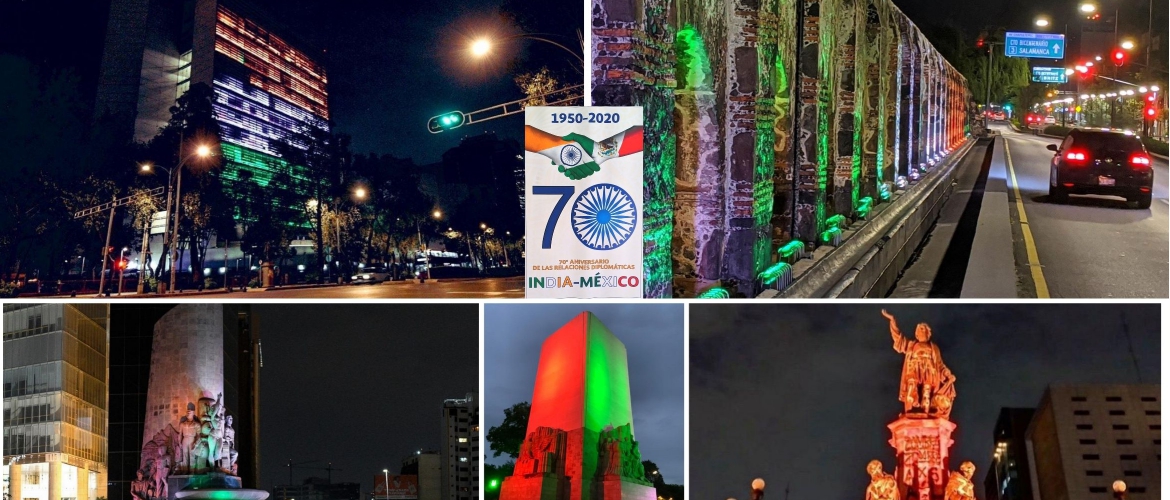  Indian tricolors on display on the Mexican Senate building and five major monuments of Mexico City on the night of 1 August on the occasion of 70th anniversary of diplomatic relations