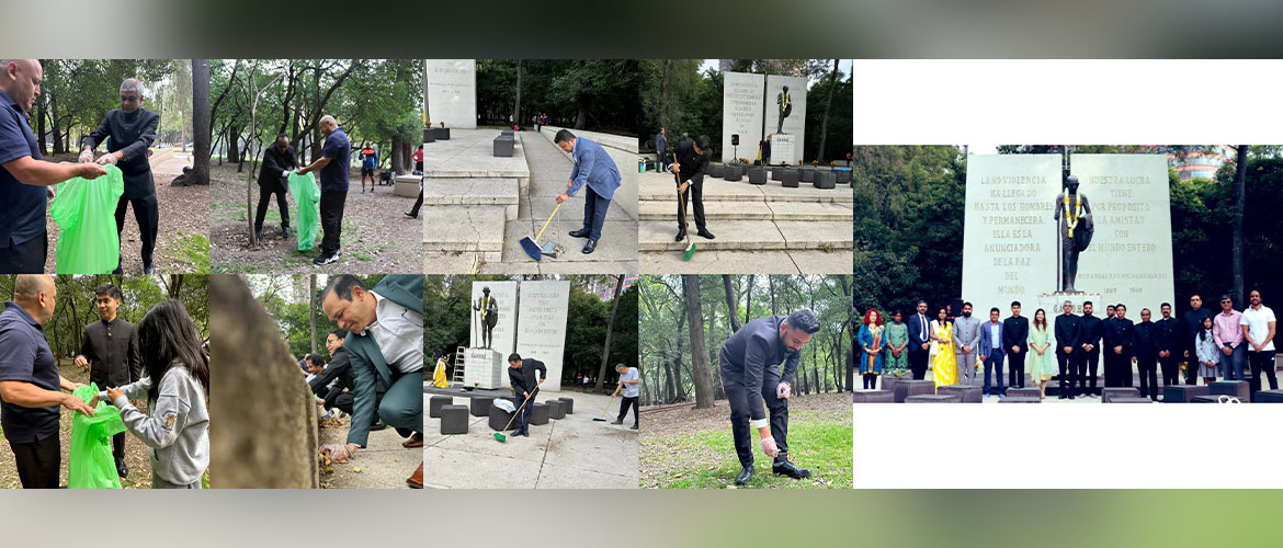  <div style="color: #fff; font-weight: 600; font-size: 1.5em;">
<p style="font-size: 13.8px;">
Following values of Cleanliness & Shramdaan given by Mahatma Gandhi with "SwachhataHiSeva" campaign!

On occasion of 
Gandhi Jayanti, Embassy officials & members of Indian diaspora carried out a cleanliness drive around Mahatma Gandhi statue located at Chapultepec Park in Mexico City.

    <br /><span style="text-align: center;">02.10.2023</span></p>
</div>